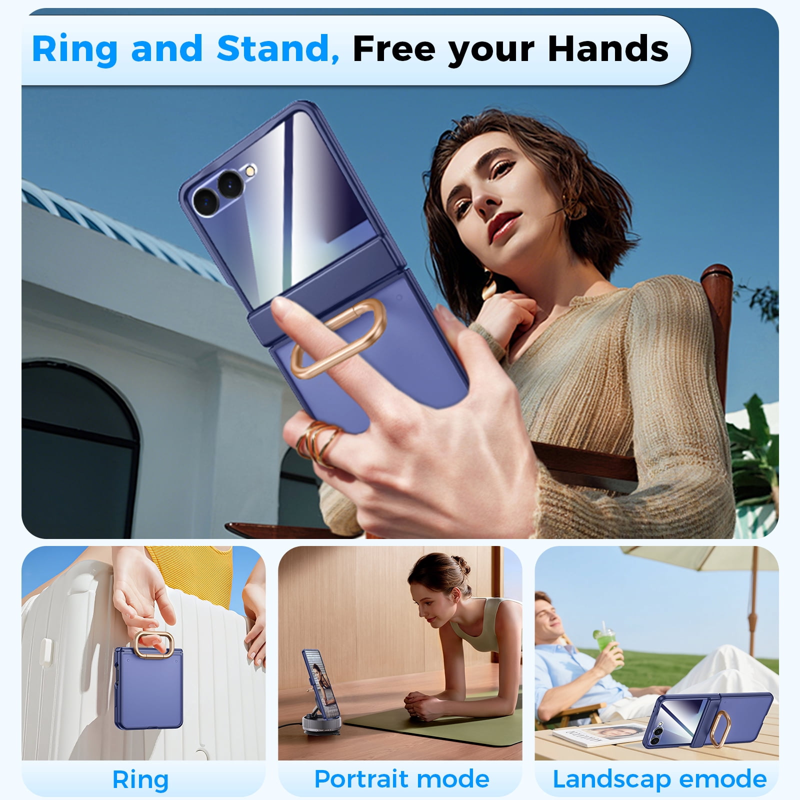 Vizvera for Samsung Galaxy Z Flip 7 Case with Ring Holder & Screen Protector & Hinge Protection,Wireless Charging,Skin Feel Matte PC,Shockproof Phone Case-Blue