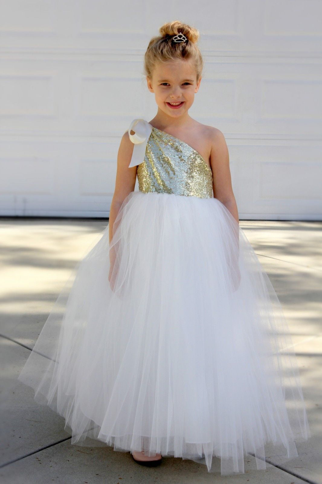 KLFFLGID Baby Girl Tulle One Shoulder Dresses Toddler Bowknot Formal Party Wedding Flower Girl Dress Tutu Gown