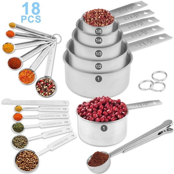 WEPSEN 18-Piece Stainless Steel Measuring Cups and Spoons Set,5 Stainless Steel Nesting Measuring Cups & 6 Spoons,1 Leveler & 5Mini Measuring Spoons,1Tbsp Coffee Scoop with Clip for Cooking & Baking