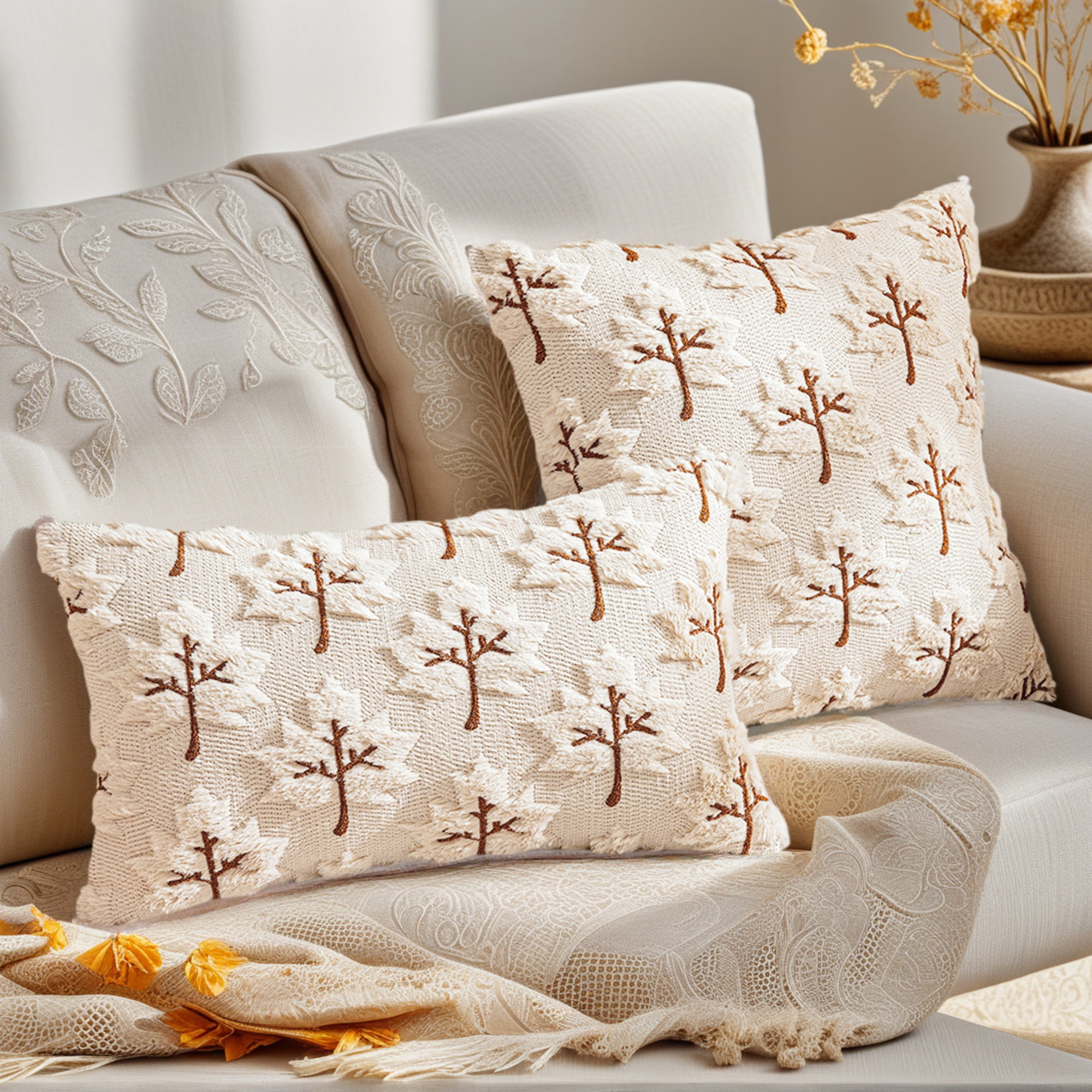 Unique Bargains Maple Leaves Embroidery Throw Pillow Covers Beige 20" x 12"