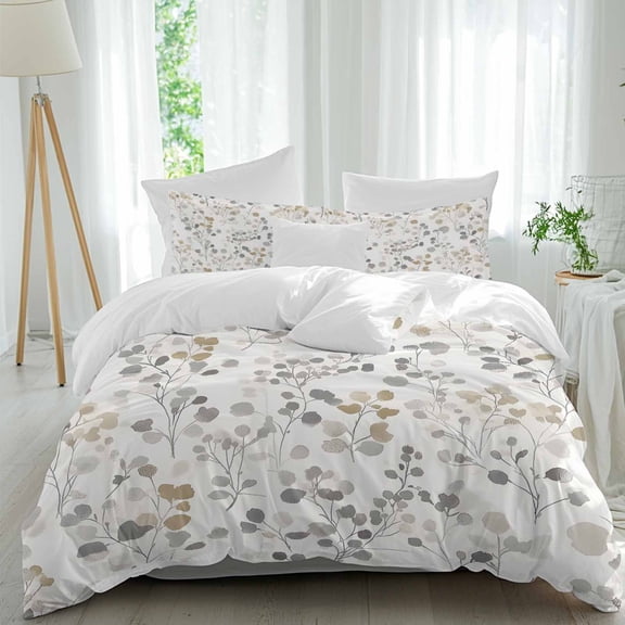 3 Piece Grey Brown Botanical Duvet Cover Set Queen Size, Microfiber Comforter/Quilt Cover with Corner Ties and 2 Pillowcases, Summer Leaf Watercolor All Season Soft Bedding with Zipper Closure
