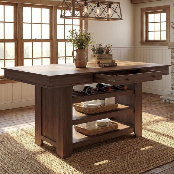 Studyset 60" Counter Height Dining Table for 4, Rectangular Home Bar Units, Rectangular Tall Bar Height Kitchen Dining Table, with Deepened Wine Rack & Shelves for Kitchen, Bar