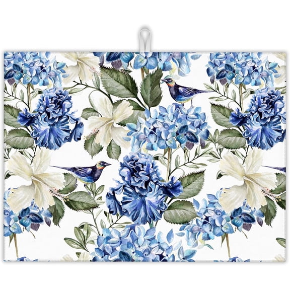 Blue Hydrangea Flowers Dish Drying Mat,Bird Drying Rack Pad Countertop Dishes Ultra Absorbent Microfiber Kitchen Counter Mat for Coffee Countertop Decor 18x24 Inch