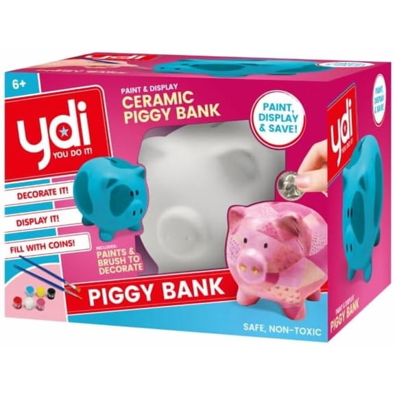 YDI Piggy Bank Kit Paint Your Own Piggy Bank, Fun Craft Kit for Girls & Boys, Creative Toy Gift Idea, Pig Coin Money Bank for Kids