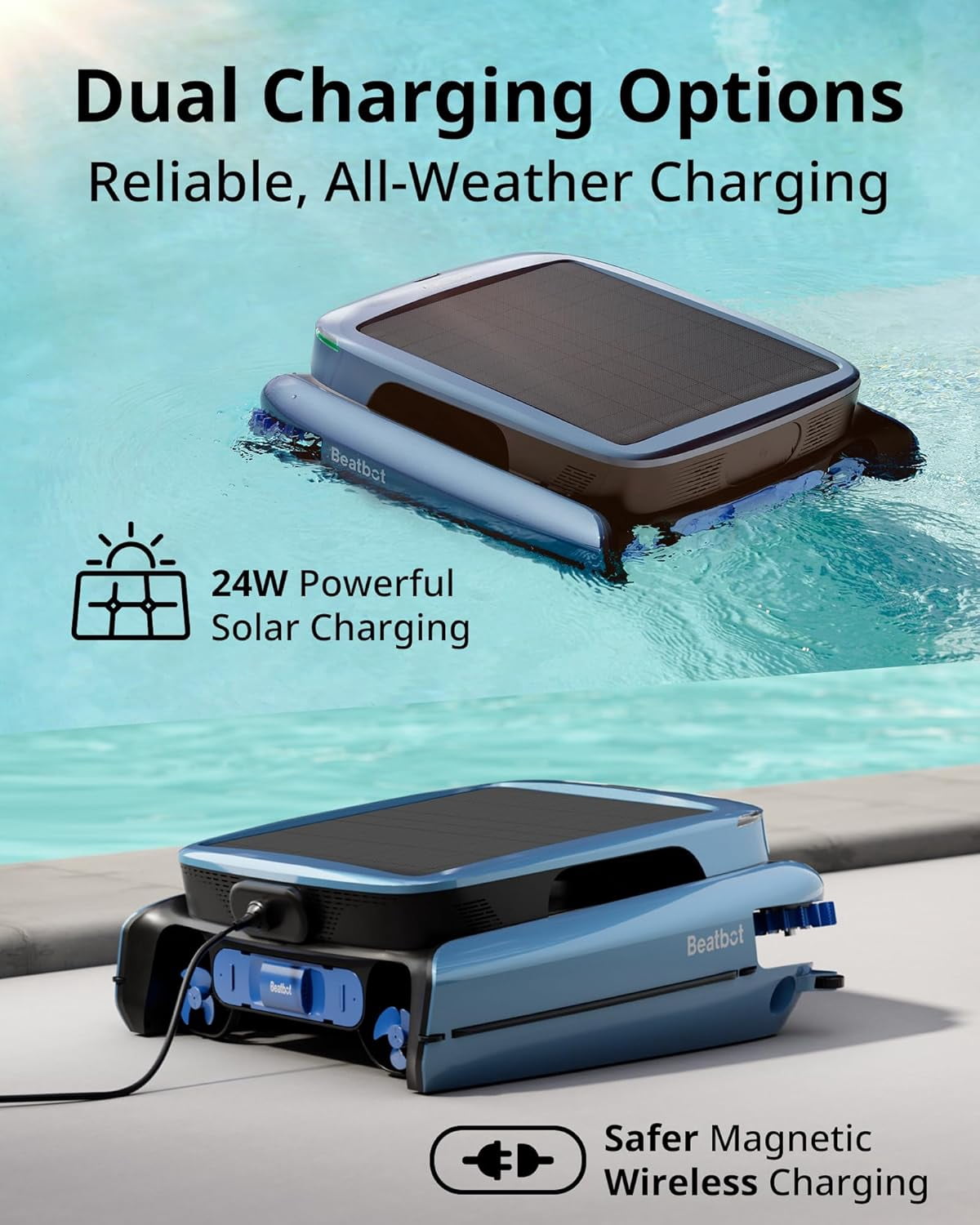 iSkim Ultra Solar Powered Robotic Pool Skimmer - 24/7 Cleaning, Solar & Magnetic Wireless Charging, Water Clarification, Edge & Corner Cleaning, S-Path Optimization, App Control, Ice Blue