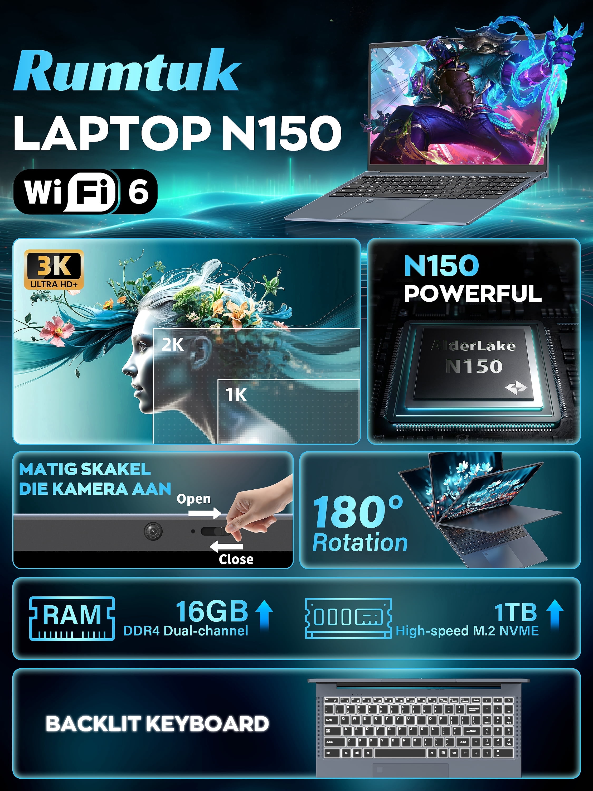 Rumtuk 16' FHD Gaming Laptop, In tel N150, 16G RAM 1T SSD, Win 11 Pro – High-Performance Notebook with HDMI, Type-C, RJ45 Ethernet, Wi-Fi, BT, Backlit