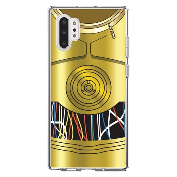 DistinctInk Clear Shockproof Hybrid Case for Galaxy Note 10 PLUS (6.8" Screen) - TPU Bumper, Acrylic Back, Tempered Glass Screen Protector - C3PO-inspired gold with wires