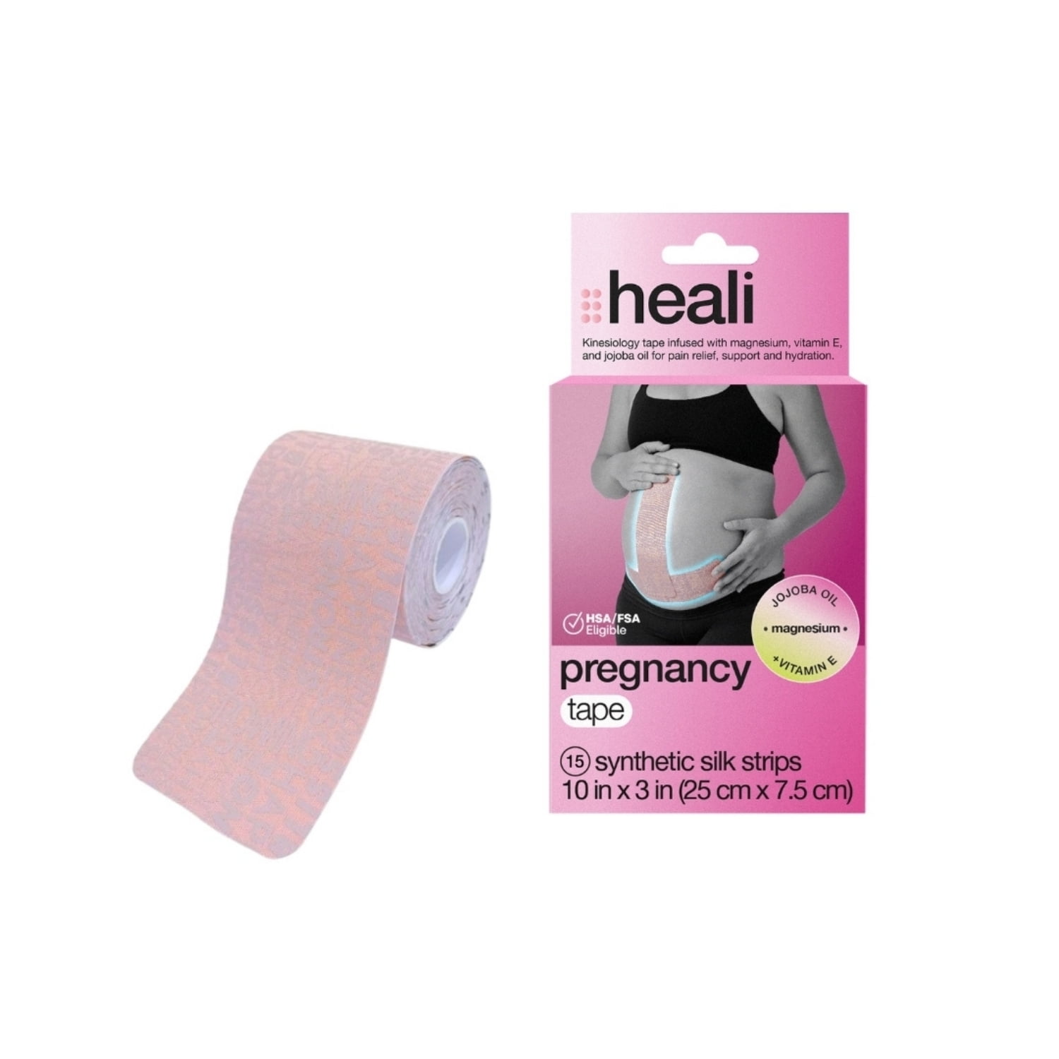 Heali Bump Belly Kinesiology Tape for Pregnancy and Maternity With Magnesium, Jojoba Oil, Vitamin E, 15 Precut 2x10 Inch Strips