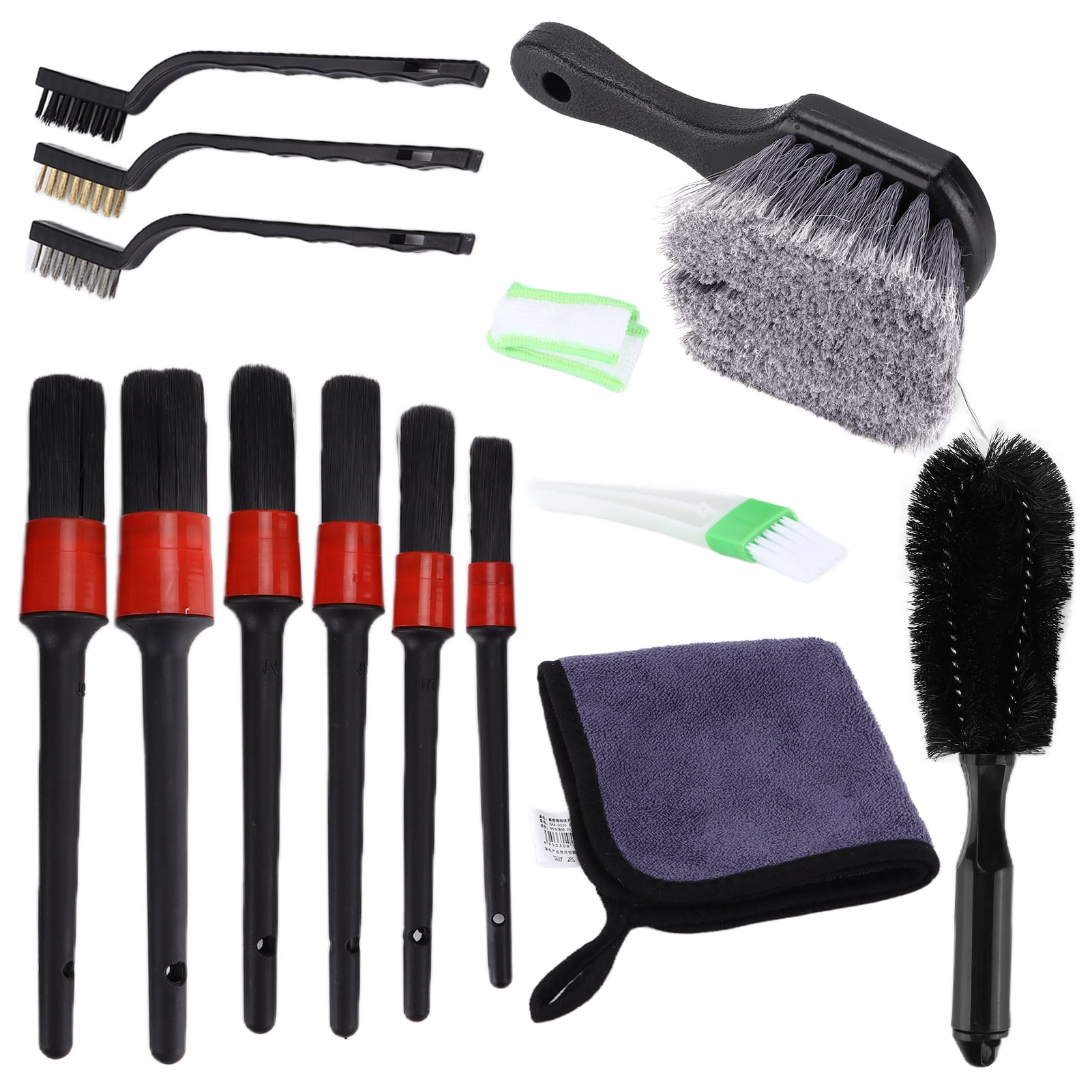 Rupoun 14pcs Car Detailing Brush Kit with Microfiber Cloths and Wire Brushes for Cleaning Wheel, Interior, Dashboard, and Engine Components - 10.63 inches / 27 cm Length Pack