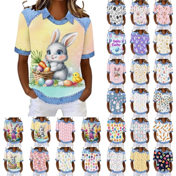 ZVAVZ Funny Easter Shirts for Women Waffle Knit Bunny Egg Print Tshirt Cute Graphic Short Sleeve Patchwork Pullover Tops Comfy Holiday Top Orange,S