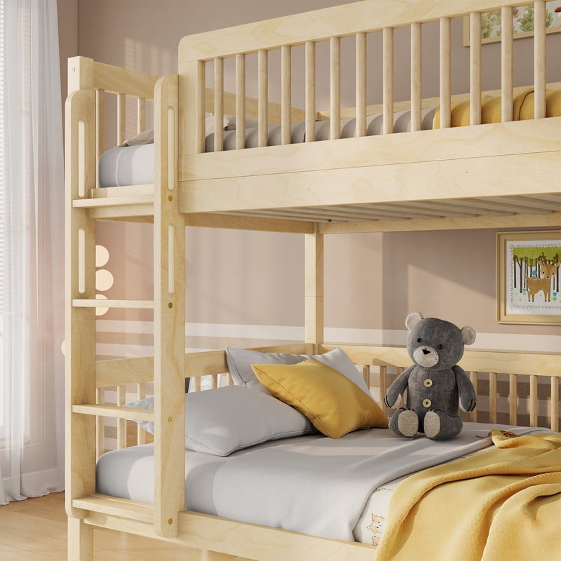 Twin-Over-Twin Size Convertible Kids Bunk Bed into 2 Platform Beds, Teens Wood Bed Frame with Ladder and Safety Guardrails