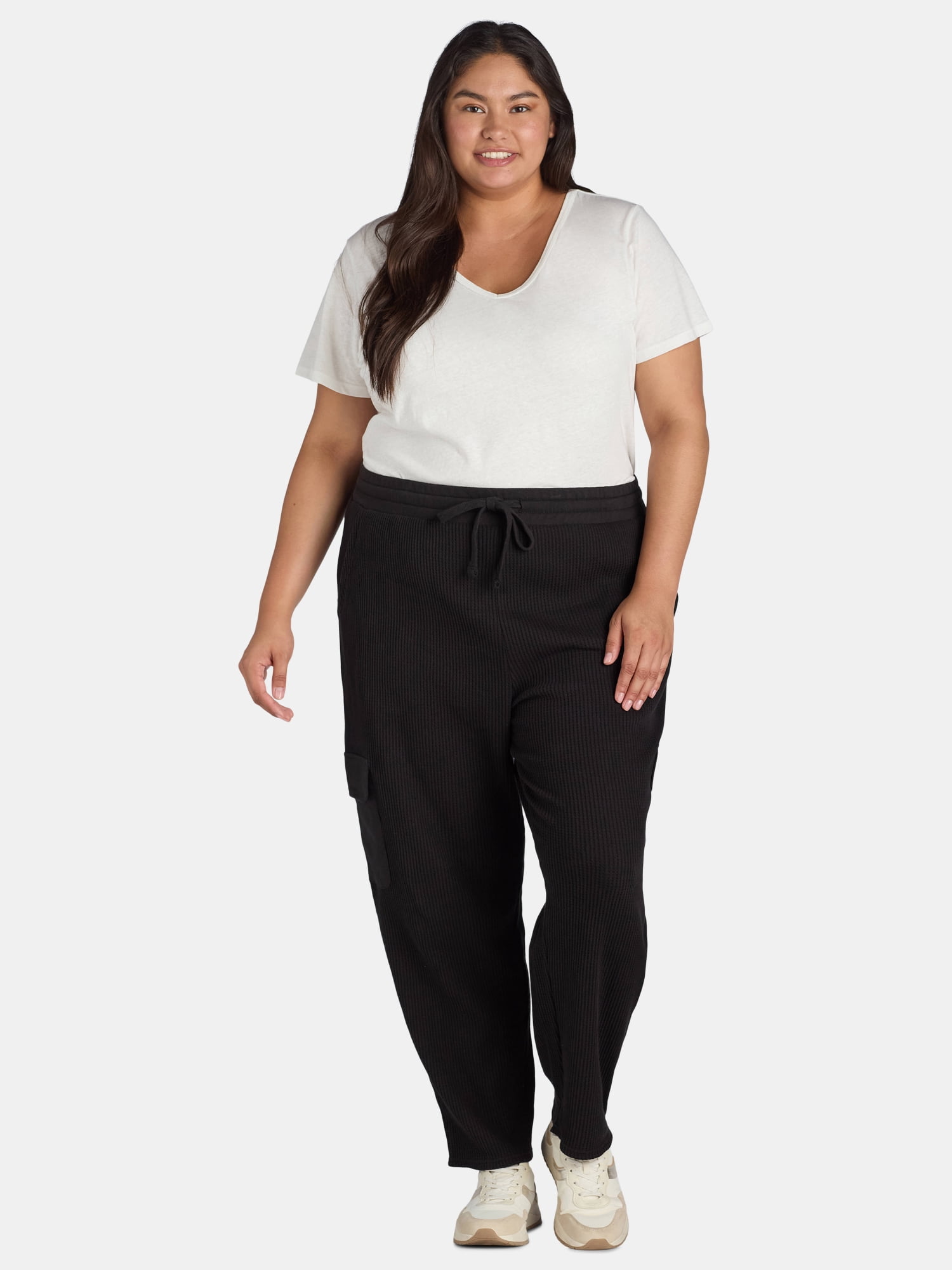 Terra & Sky Women's Plus Size Pull On Waffle Knit Cargo Pants, 27” Inseam, 0X-4X