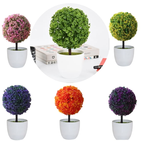 1pcs Fake Plant with Pot Mini Artificial Plant Flowers Desk Decor for Bathroom Office Fake Ball Tree Indoor Bonsai