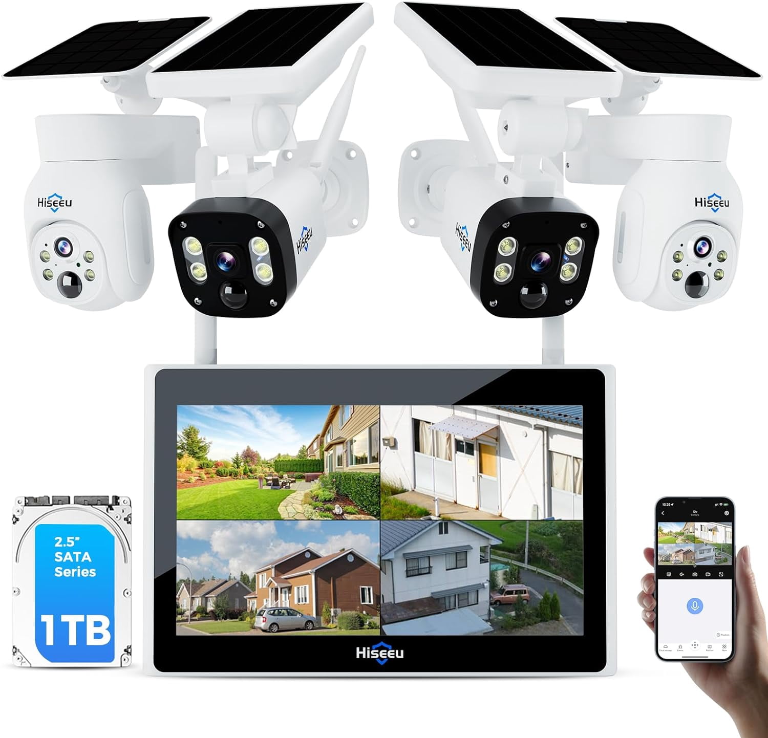 [1TB HDD,4MP Spotlight] LINGYUAN Solar Home Security Camera System,PTZ Dome + Bullet Solar Security Cameras Wireless Outdoor,10CH 10 Inch LCD 4K NVR,Smart Human Detection,2-Way Audio,Motion Record