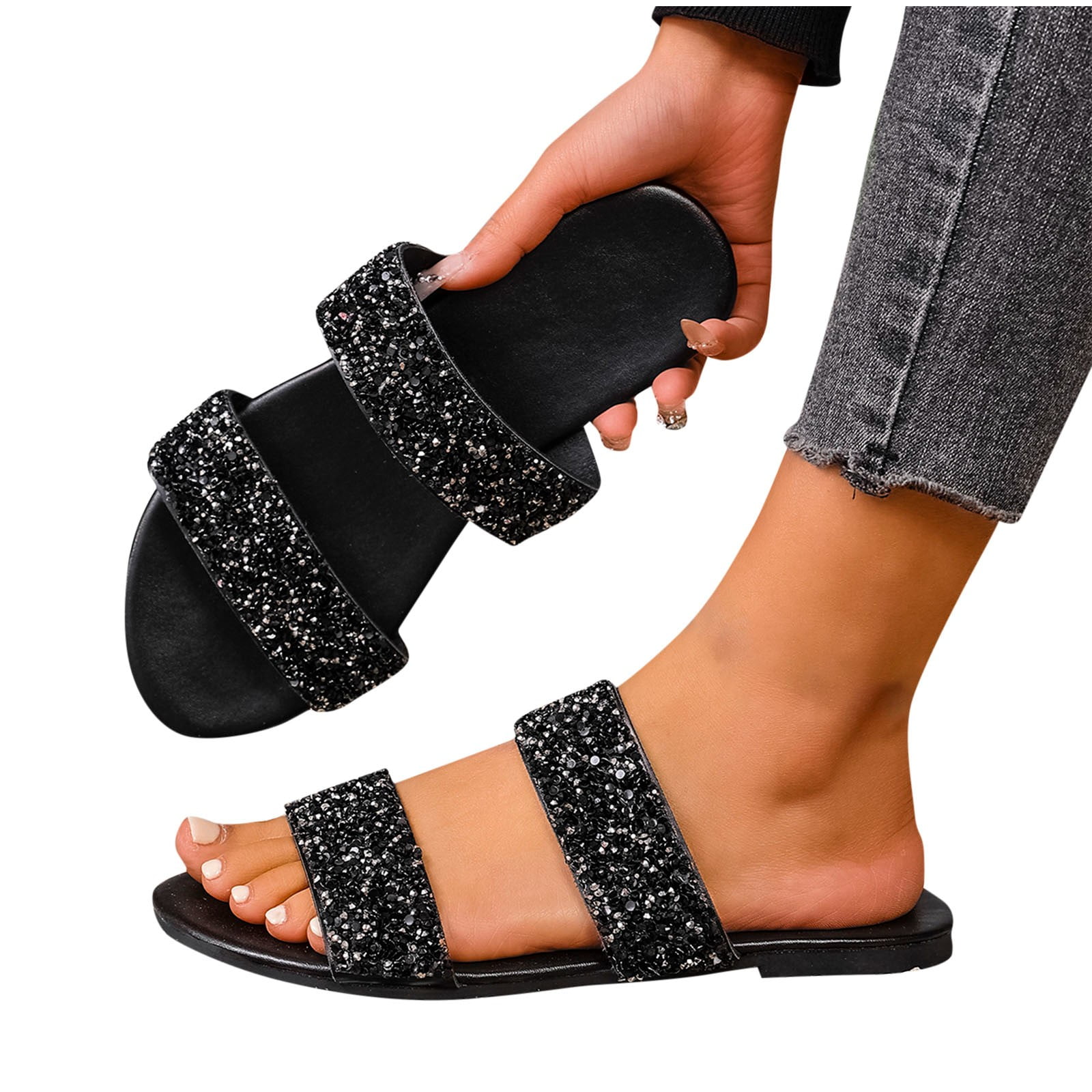 Slide Sandals for Women Flat Double Straps Sequin Open Toe Non