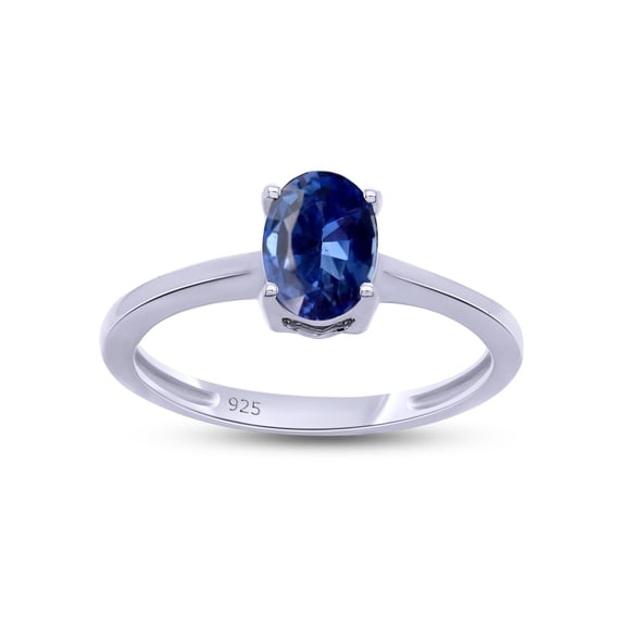 AFFY Simulated Blue Sapphire Solitaire Ring in 14k White Gold Over Sterling Silver (1 Cttw) Ring Size - 4