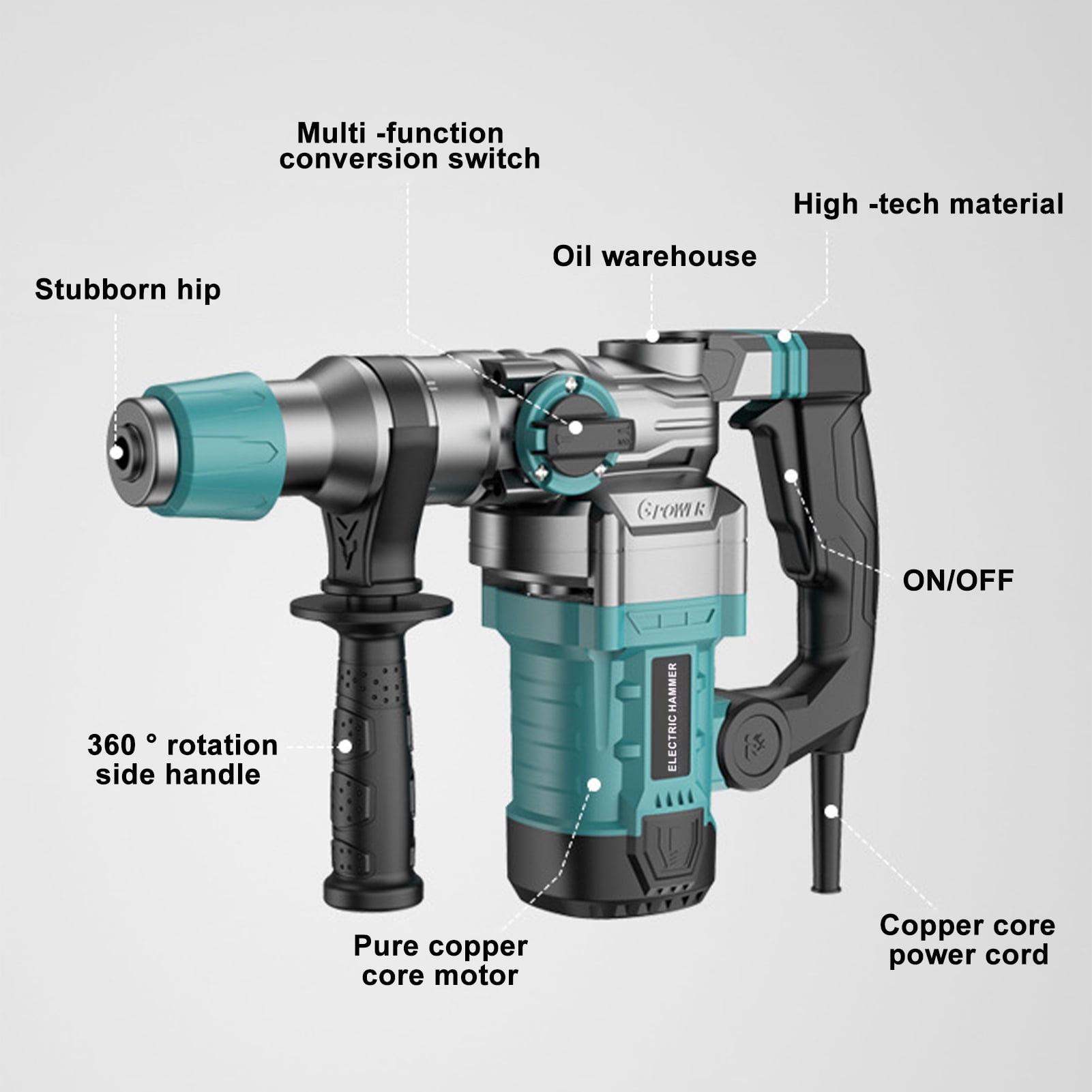 Fogcroll 1-1/4 Inch Sds 13 Amp Power Drill Heavy Duty Rotary Hammer Drill, Safety Clutch 4 Functions with Vibration Control 1 X Hammer Drill,4 X Drill Bit Accessories,2 X Pickaxe