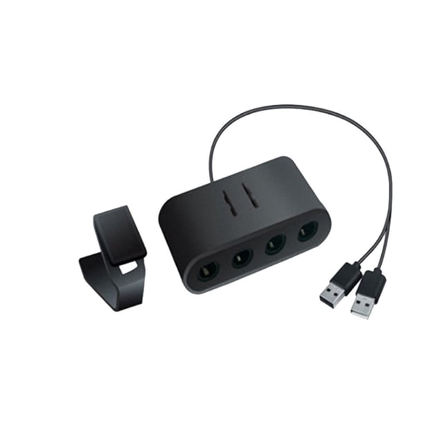 EGNMCR 3in1 4Port USB game controller adapter for Nintendo Switch, Wii U, PC, and NGC. Compact black design with four controller ports, dual USB connectors, and a mode switch for compatibility. Plug and play functionality with built-in vibration feedback. Includes a bracket for secure placement.