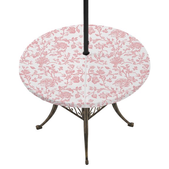 Round Outdoor Tablecloth with Umbrella Hole and Zipper, Coral Red Flower Tablecloth with Elastic Waterproof, Vintage Farmhouse Boho Leaf Spring Patio Table Covers for 31" - 35" Picnic Pool Tables
