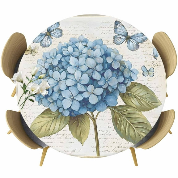 Blue Hydrangea Round Tablecloth 36-44 Inch Round Fitted Table Cloth with Elastic Edge, Spring Vintage Botanical Butterfly Waterproof Table Cover Protector for Outdoor Picnic Party Dining