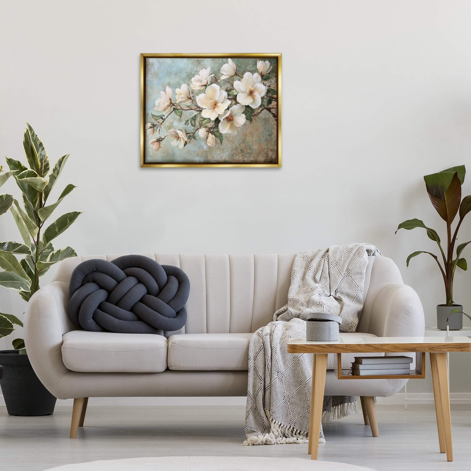 Stupell Industries In Bloom Flower Branch Plants & Flowers Painting Gold Floater Framed Canvas Art Print Wall Art, 31 x 25