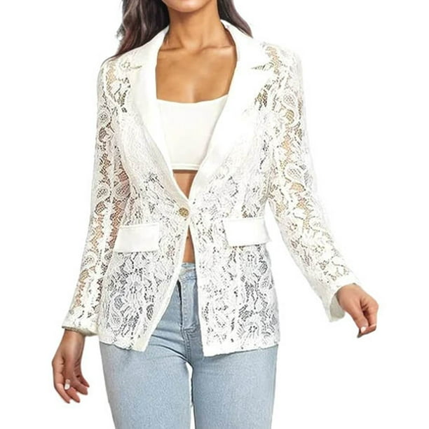 Chaquetas de traje de lentejuelas Chaqueta de traje elegante de manga larga con solapa de un solo pecho de malla de encaje para mujer,blazer moda(Blanco, XL)