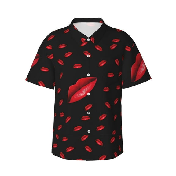 Bright Red Lips Hawaiian Shirts For Men, Summer Short-Sleeve Relaxed-Fit Button-Down Shirts Small