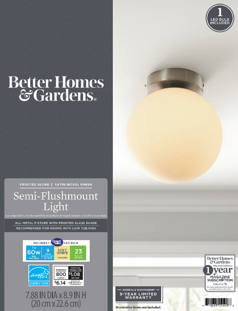Better Homes & Gardens 8" Classic Nickle Ceiling Light, E26 Socketed Base, LED Light Bulb Included