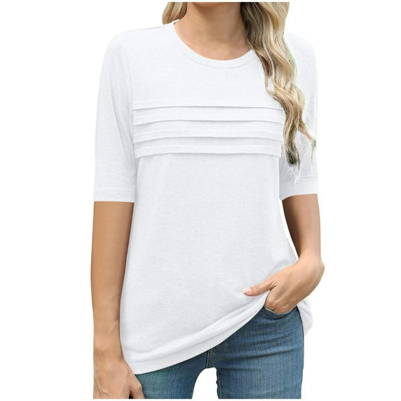 Women Crewneck T-shirts Spring Summer Half Sleeve Base Tees Pleated Solid Color Cotton Tshirts Tops (XL, White)
