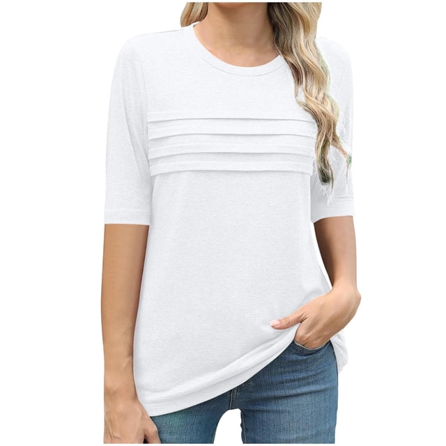 Atogsazn Hauts à Manches Courtes pour Femmes Chemises Boho Col Rond Plissé Tenue d'Été Blouses à Manches Bouffantes Tunique Décontractée 01-Blanc P Mode