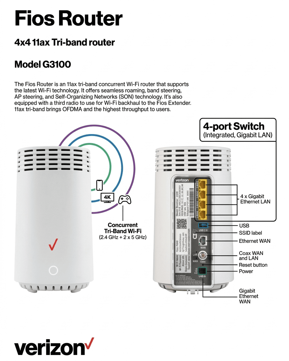 Pre-Owned Verizon G3100 4-Port 1000Mbps Fios Home Router Tri-Band White W/ AC Power Cord
