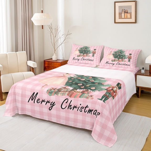 Homewish Merry Xmas Twin Sheet Sets,Rustic Western Nutcracker Twin Fitted Sheet,Cartoon Christmas Tree Flat Sheet For Girl Kids,Microfiber Bedroom Decor,3-Piece