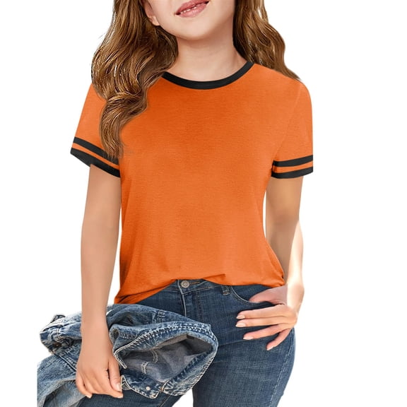 OIOLOYJM Short Sleeve Shirts for Girls 2026 Casual Crew Neck Color Block Tee Shirt Summer Cotton Cute Tops Basic Clothing Saffron 12-13 Year