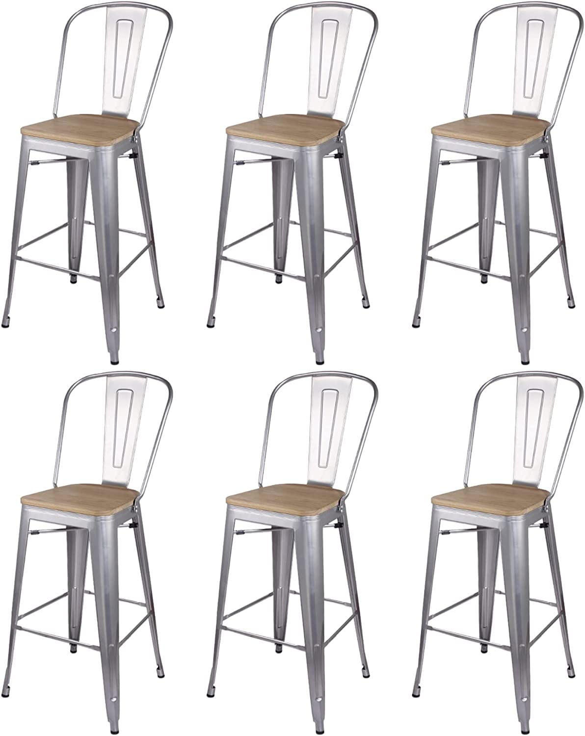 Leejay 30 inch Silver High Back Metal Bar Stools Set of 6 14.5x14.5