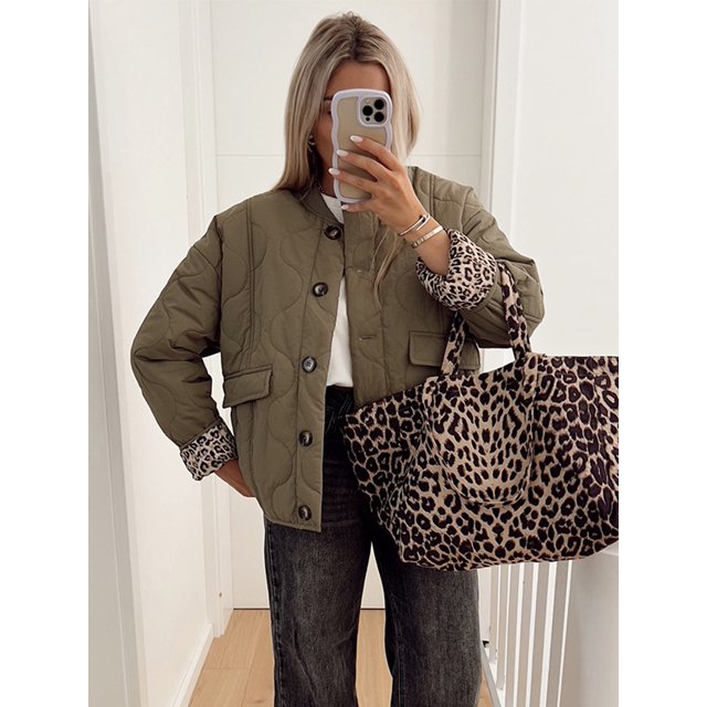 Chaqueta de algodón forrada con estampado de leopardo para mujer, abrigo elegante con cuello redondo y bolsillos abatibles, prendas de vestir acolchadas a la moda, 2024