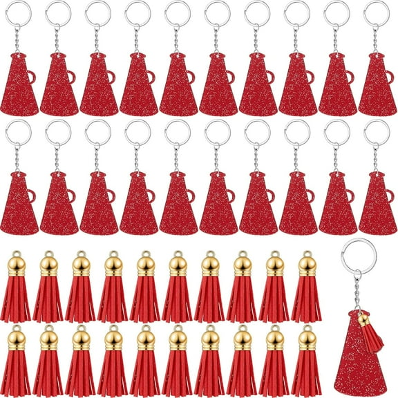 20 Sets Cheer Gifts Bulk for Team Cheer Megaphone Keychains with Tassel Cheerleader Gifts Cheerleading Party Favors(Glittery Red, Red) Glittery Red,