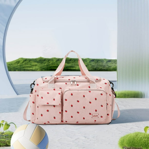 Xihbxyly Bolso de Mano con Estampado de Fresa, Bolso de Mano de Gran Capacidad con Compartimento para Zapatos y Separación Entre Ropa y Artículos Húmedos y Secos, Bolso Ligero de Pana para Fin de Sem