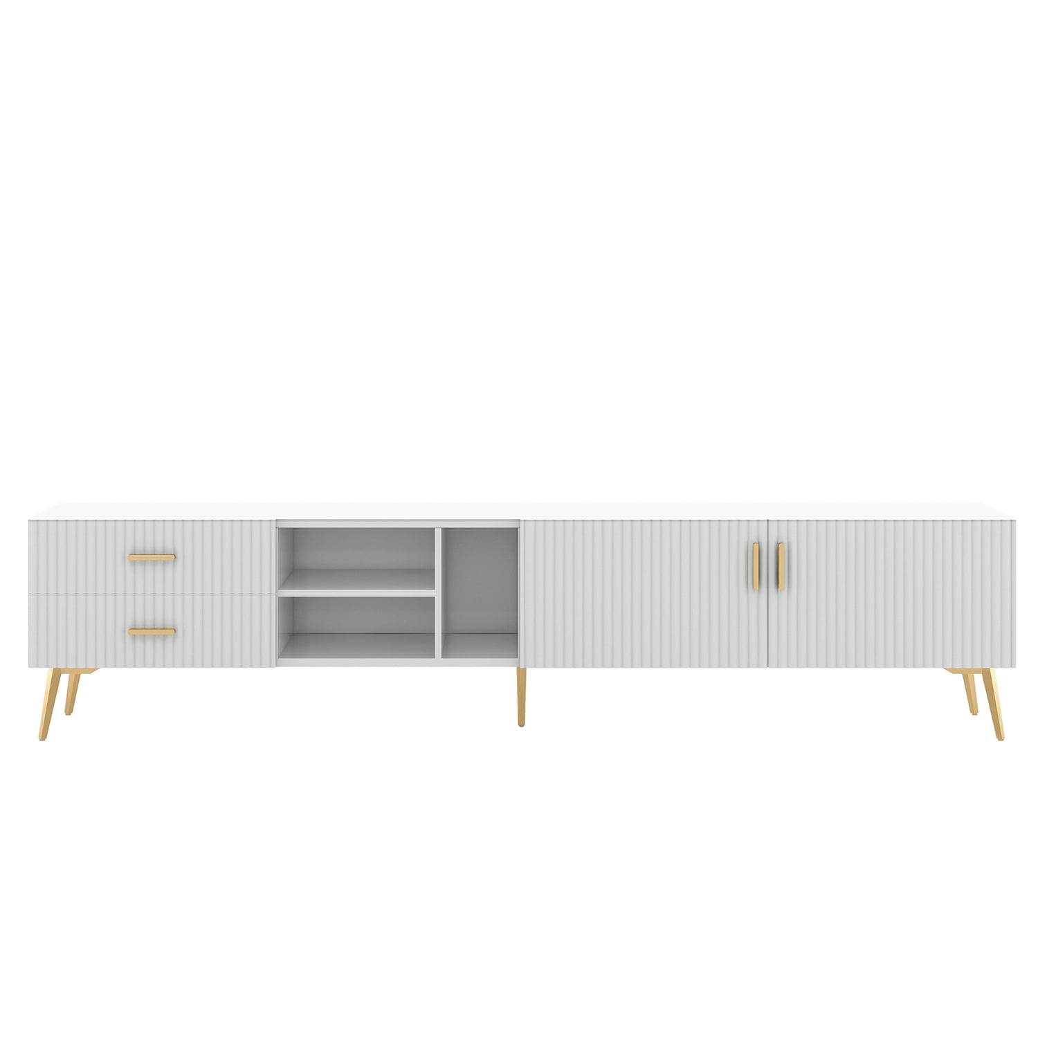 Kadyn Modern Entertainment Center, MDF TV Stand with 5 Champagne legs, Entertainment Center TV Console for TV up to 77", White