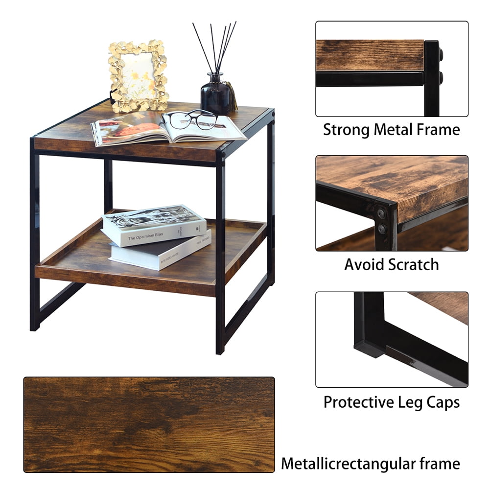 Kepooman 2-Tiers Bedside Table with Strong Metal Frame, Heavy Duty Load Nightst & High-Quality MDF Board, Rustic Brown