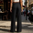 thumbnail image 4 of Womens Solid Color Cotton Tie Detail Elastic Waist Split Front Straight Leg Pants Casual Pocket Slit Hem Long Trousers Black L(L), 4 of 6