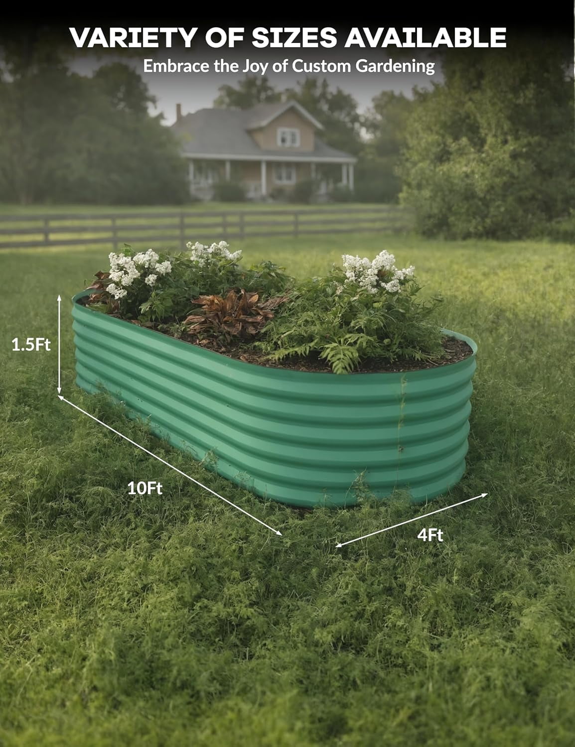 2 Pieces Galvanized Raised Garden Beds 10x4x1.5 ft, Green Self-Watering Outdoor Metal Planters, Large Oval Art Deco Vegetable Garden Boxes, Durable Q195 Galvanized Steel Raised Beds, Green