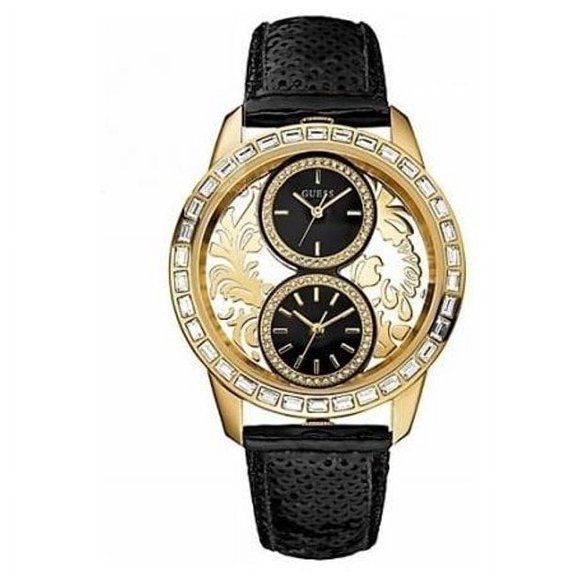 GUESS W20015L1 Women's Dual Time Gold Tone Brocade Black Leather Sequin Strap Wa