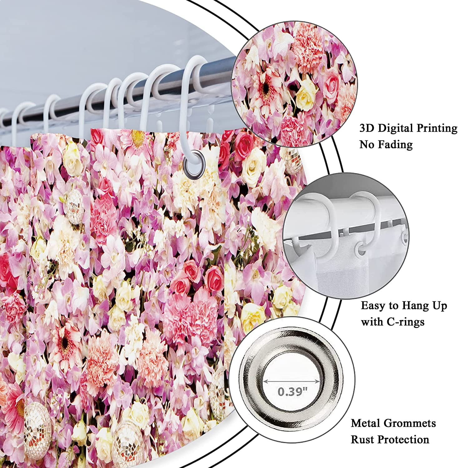 UOWRPOZ Bridal Floral Pink Rose Polyester Shower Curtain, 72"x72" Waterproof 12 Count