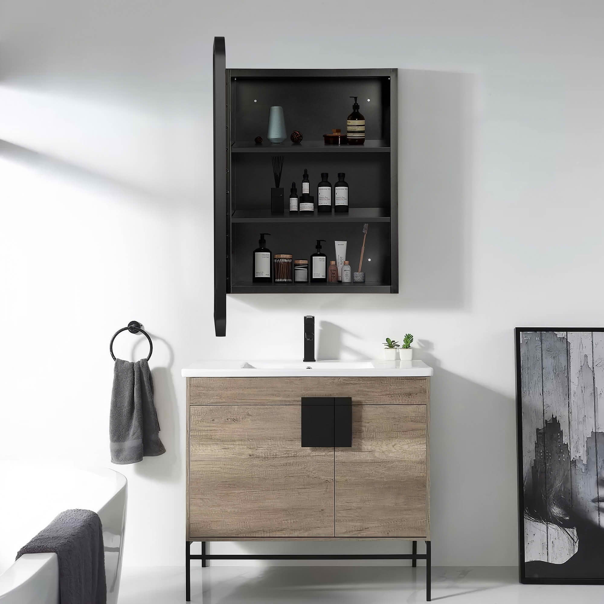 MAYEERTY 24x16x5 Inch Black Metal Round Corner Rectangular Medicine Cabinet for Bathroom