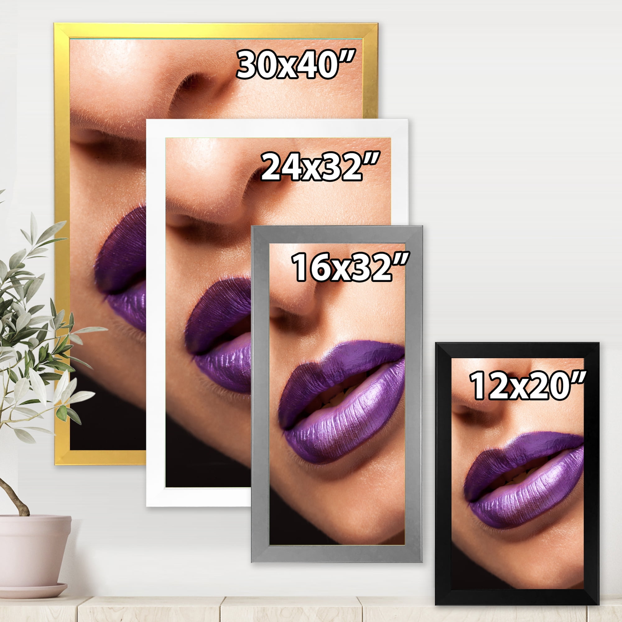 Designart 'Close Up View of Girl Lips With Purple Lipstick' Modern Framed Art Print