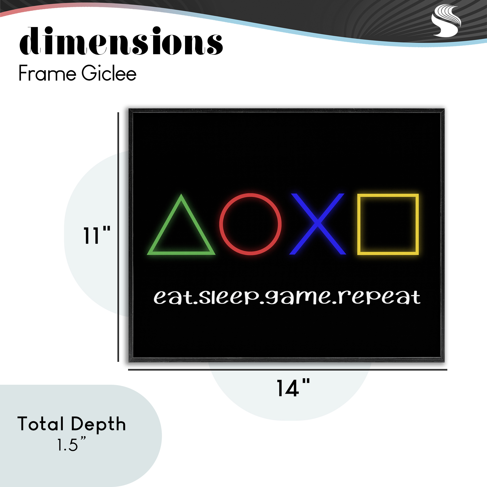 Neon Gaming Symbols & Words Black Framed Giclee Art, design by Christine Simpson Art