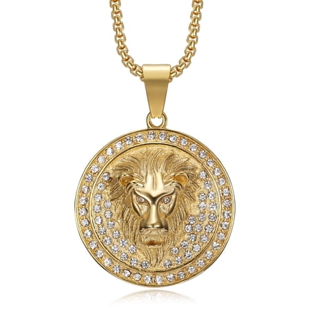 NEGS 18K Gold Plated Lion King with Crown Pendant 24'' Chain Punk Rock Hip Hop Viking Stainless Steel Necklace for Men