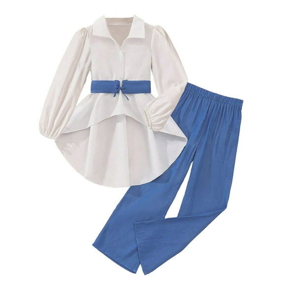 Zesgjue Girls' Waistband Long Sleeved Shirt Solid Color Casual Wide Leg Pant Suit Sizes 5-6 Years, Blue