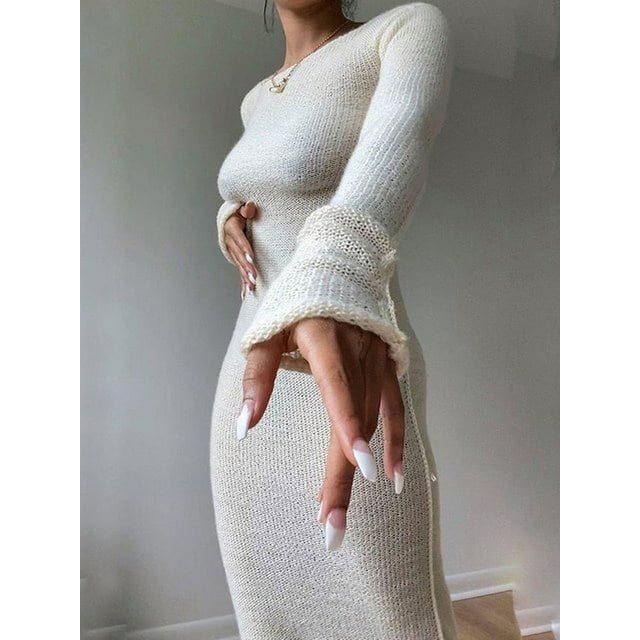 WJFZQM Nouvelle Robe Moulante Tricotée Fée Grunge Décontractée Mode Mode Urbaine Femmes Automne Y2K Uni Col Rond Manches Longues Robes Maxi