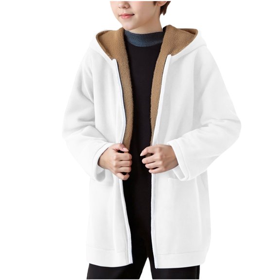 Lmnyox Jackets for Kids Zipper Up Long Sleeve Fleece Lined Hooded Coats Plain Loose Jackets with Pockets